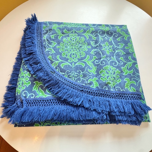 Vintage 70s bedspread, peacock blue, green abstract floral, fringed, twin size - Picture 3 of 7
